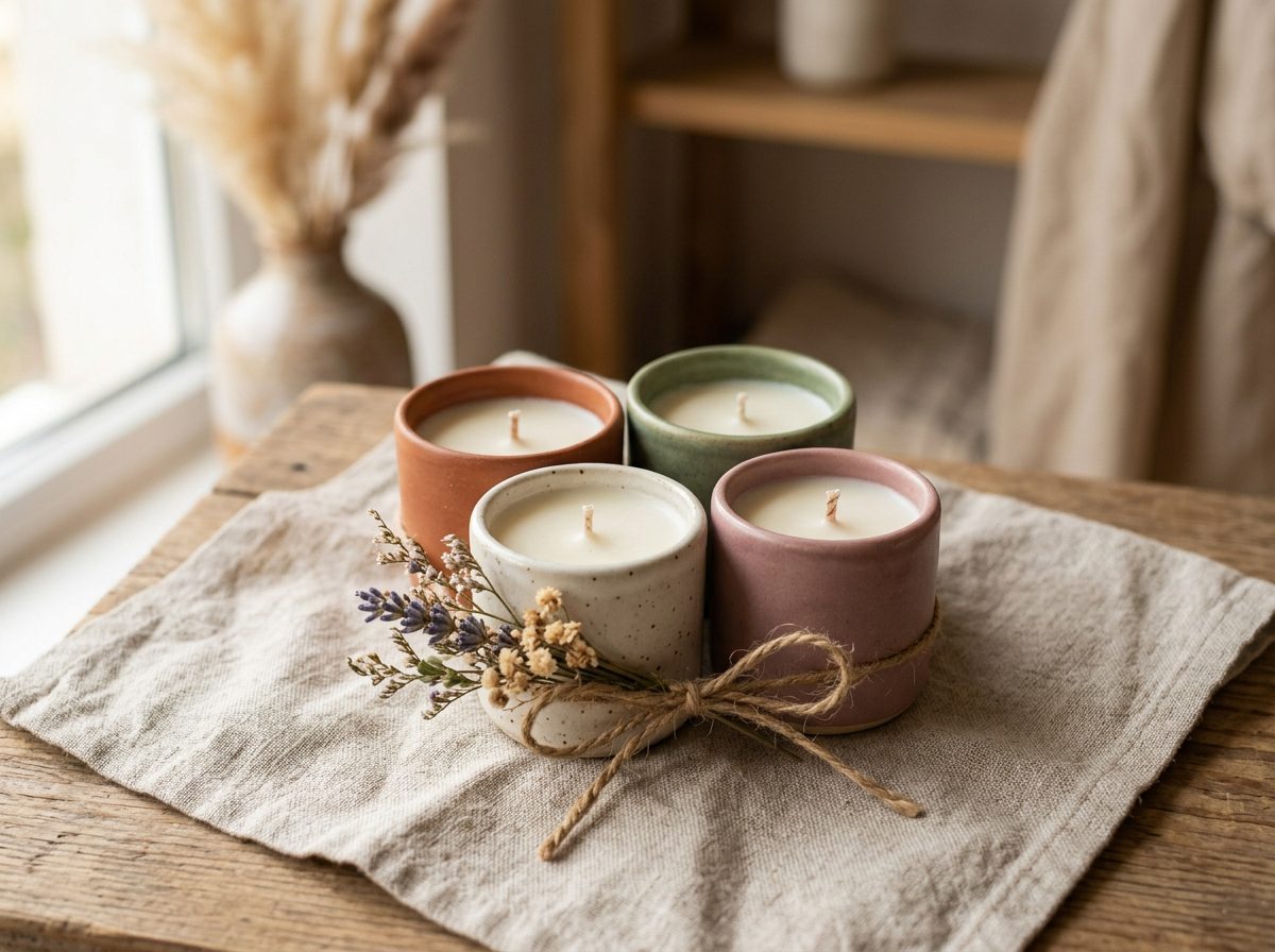 Zestaw prezentowy małych świec w ceramicznych kubeczkach